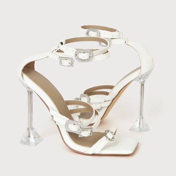 NWT  White Rhinestone Square Toe Ankle Strap High Heels - Picture 3 of 4